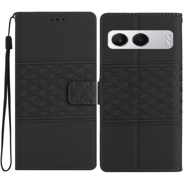 Black diamond-embossed leather wallet phone case with wrist strap and camera cutout