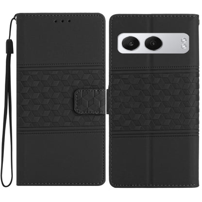 Black diamond-embossed leather wallet phone case with wrist strap and camera cutout