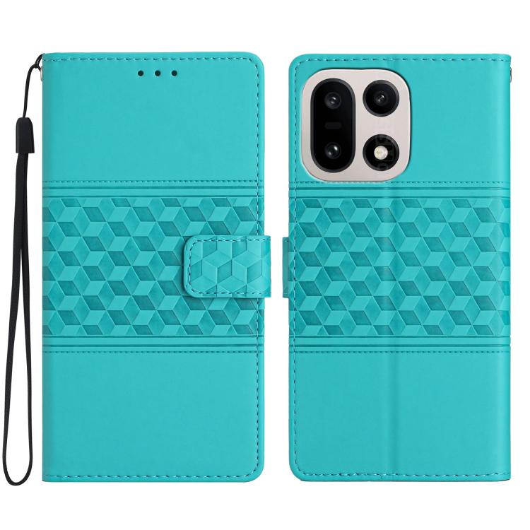 Teal embossed leather wallet phone case with diamond texture, card slot, and strap