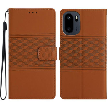 Brown leather phone wallet case with diamond embossed pattern and card holder tab