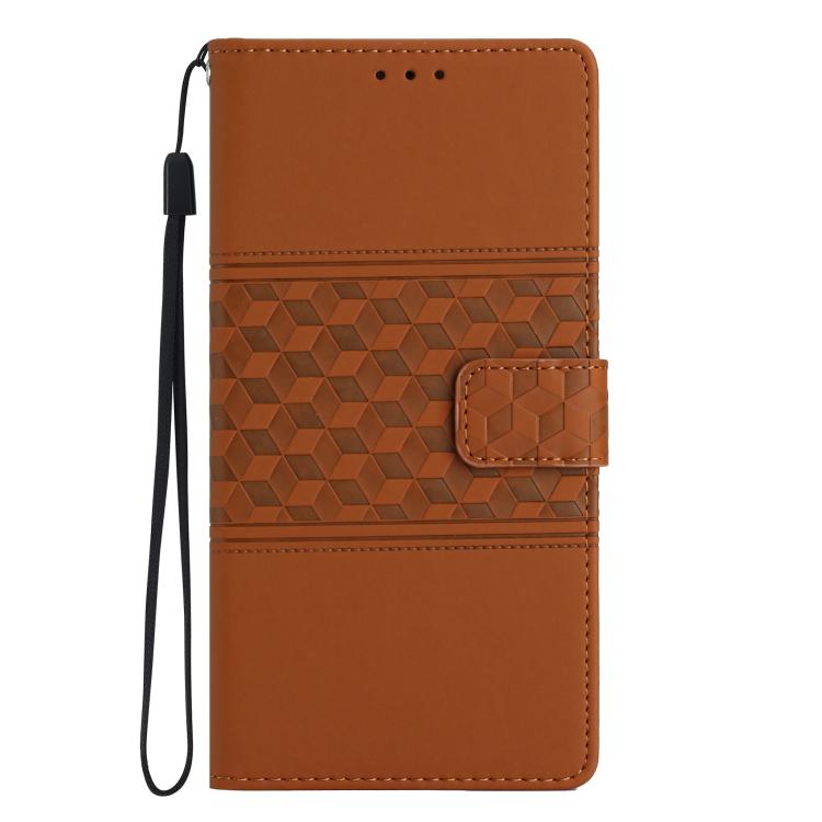 Brown leather phone wallet case with diamond embossed texture, wrist strap, and snap tab