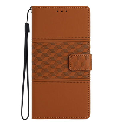 Brown leather phone wallet case with diamond embossed texture, wrist strap, and snap tab