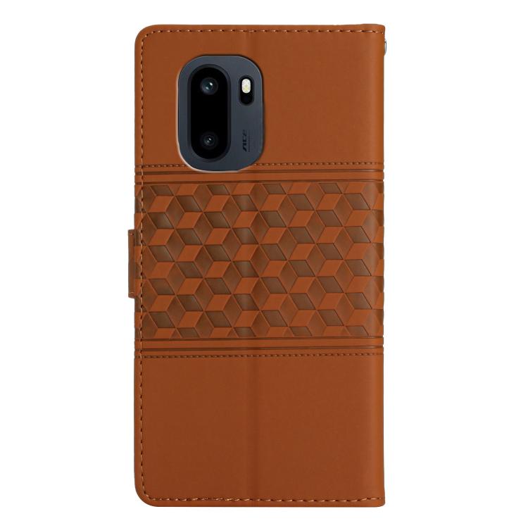 Brown leather phone wallet case with diamond embossed band and cutouts for dual cameras
