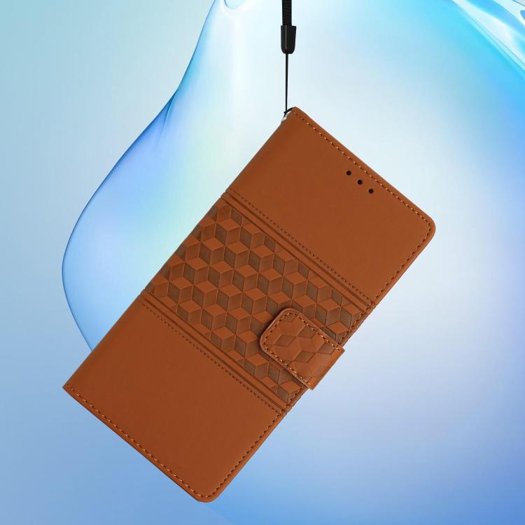 Brown leather phone wallet case with diamond embossed pattern and wrist strap loop