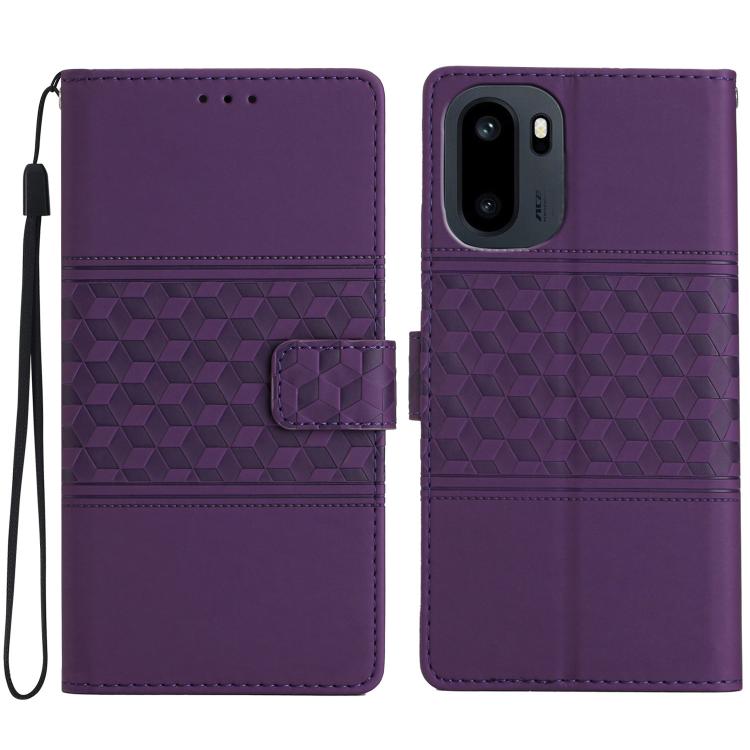 Purple leather phone wallet case with diamond embossed pattern and card holder tab