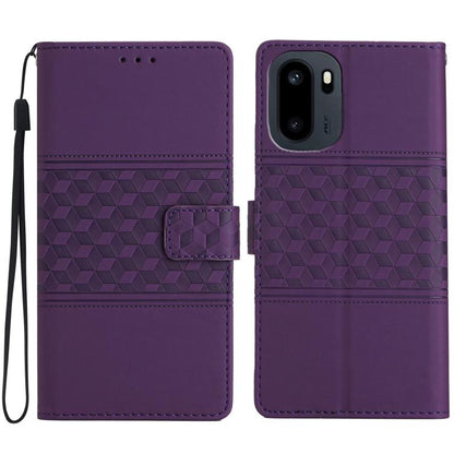 Purple leather phone wallet case with diamond embossed pattern and card holder tab