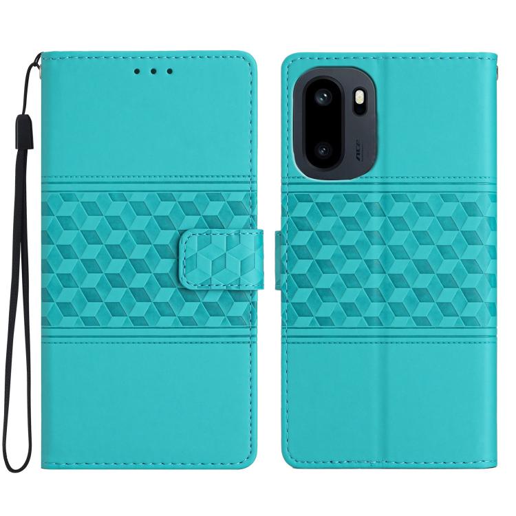 Teal leather phone wallet case with diamond embossed texture and camera cutout