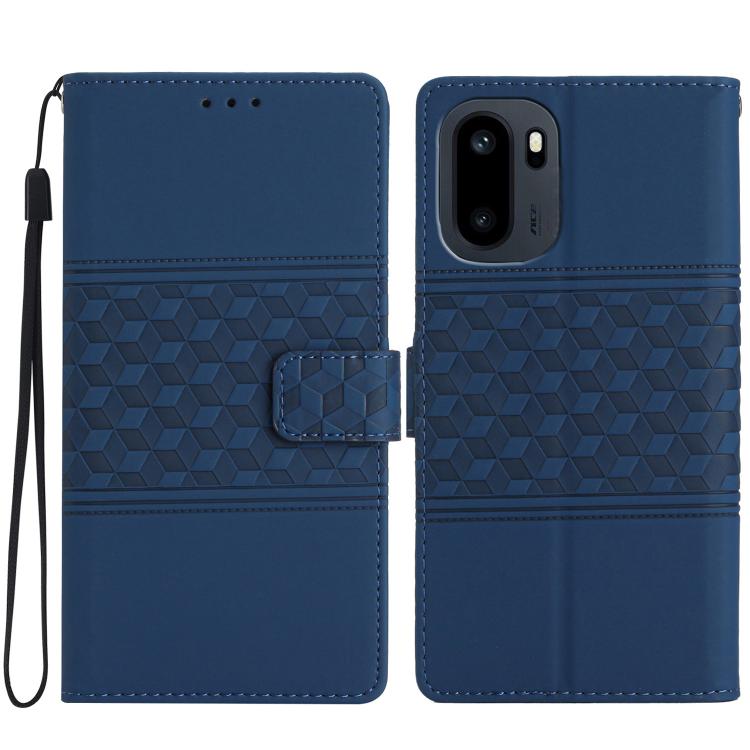 Blue embossed leather wallet phone case with diamond texture, card slot, and strap