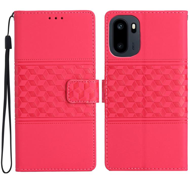 Pink embossed leather wallet phone case with diamond texture, card slot, and strap