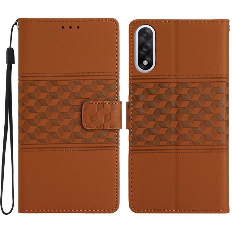 Brown embossed leather wallet phone case with diamond texture and magnetic card holder