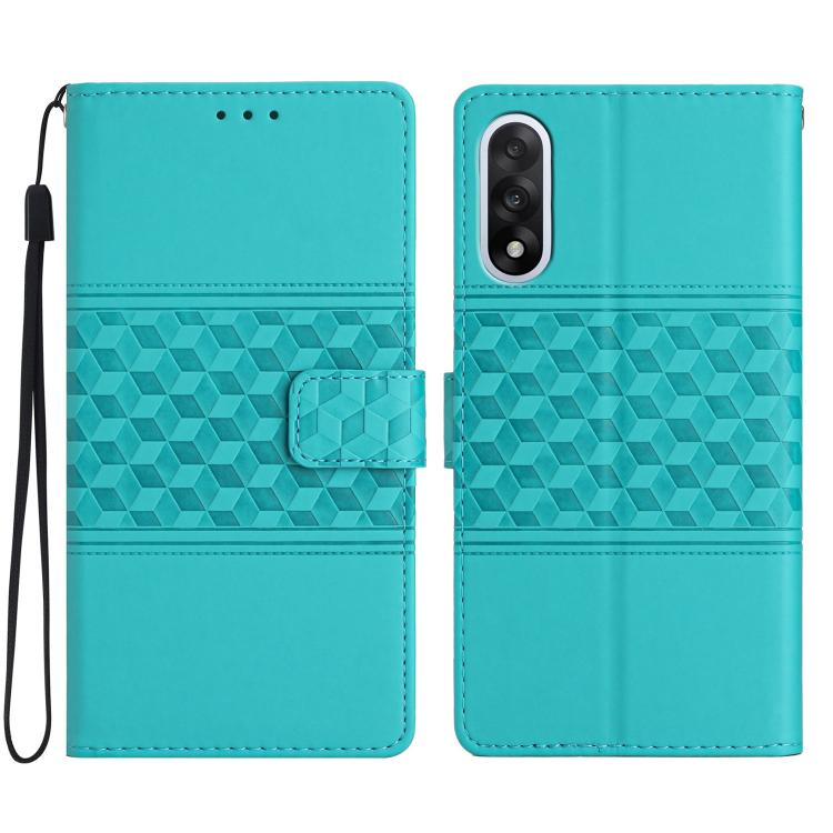 Teal leather phone wallet case with diamond embossed pattern and magnetic card holder