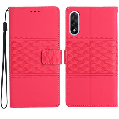 Red leather phone wallet case with diamond embossed pattern and magnetic card slot