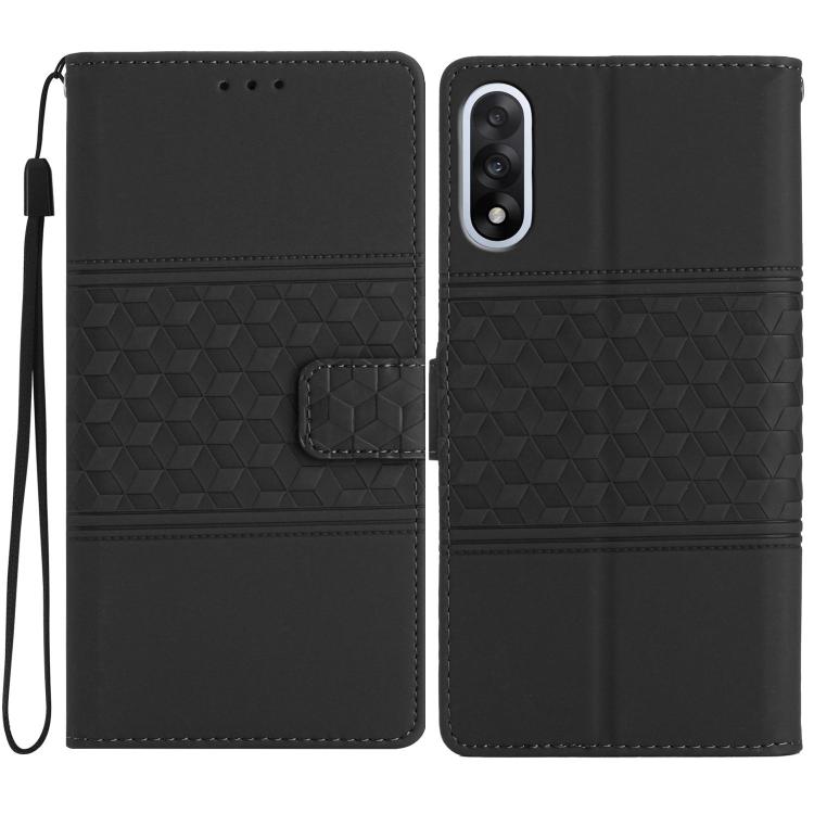 Black leather phone wallet case with diamond embossed texture and card holder tab