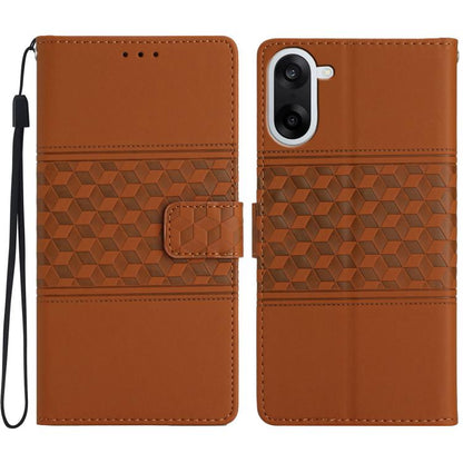 Brown leather phone wallet case with diamond embossed pattern and magnetic card slot