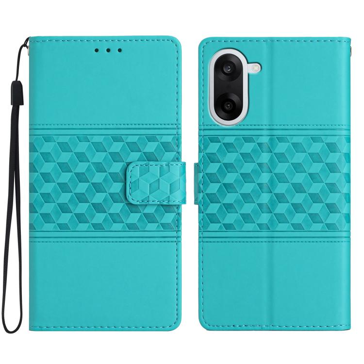 Teal leather phone wallet case with diamond embossed design and phone camera cutout