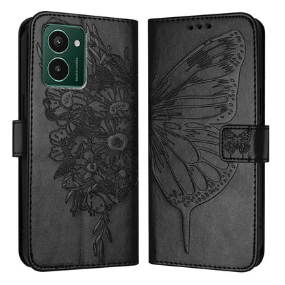 Black embossed butterfly leather folio phone case with flip cover and side strap