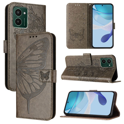 Grey embossed butterfly leather folio phone case with flip cover and butterfly emblem