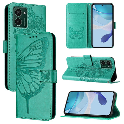 Embossed butterfly leather phone case with folio wallet style, teal green finish