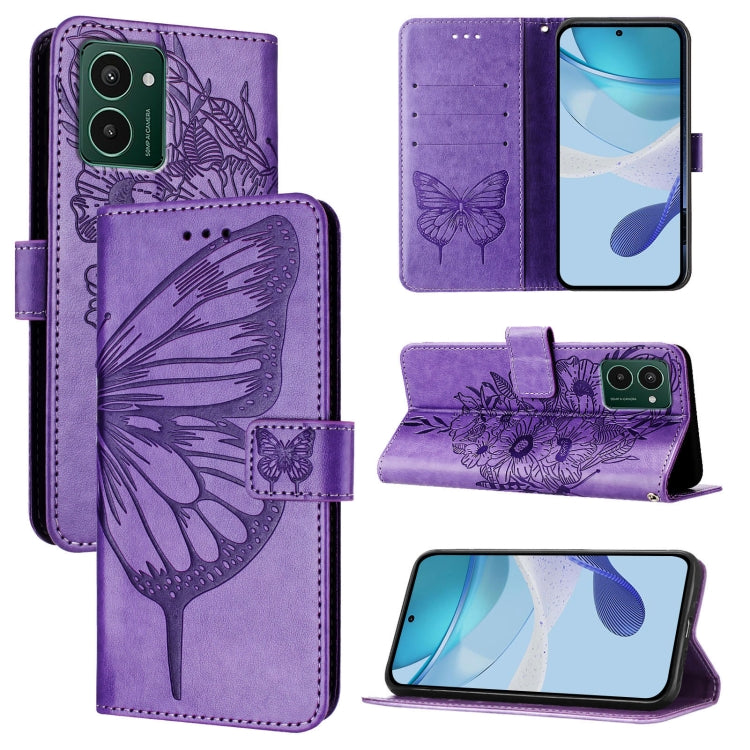 Embossed butterfly leather phone case with folio wallet style, lavender purple finish
