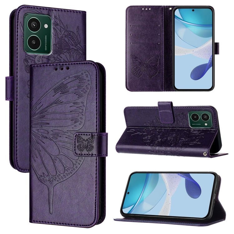 Embossed butterfly leather phone case with folio wallet style, dark purple finish