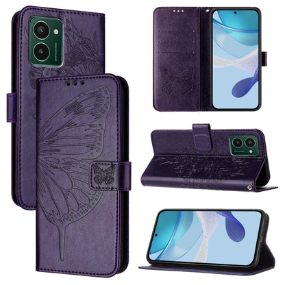Embossed butterfly leather phone case with folio wallet style, dark purple finish