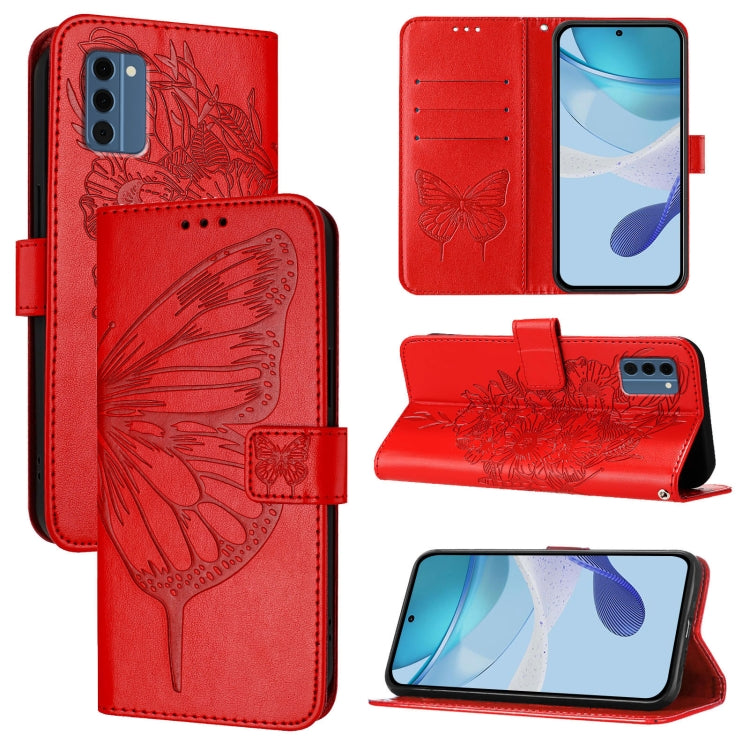 Red embossed butterfly leather phone case with folio cover and stand