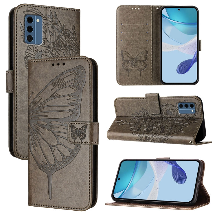 Grey embossed butterfly leather phone case with folio cover and butterfly embossing