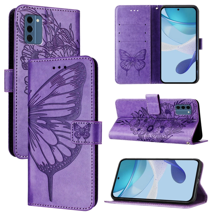 Embossed butterfly leather phone case, purple folio with magnetic flip cover and stand