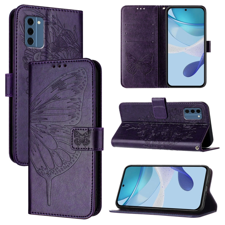 Embossed butterfly leather phone case, dark purple folio with magnetic flip cover and stand
