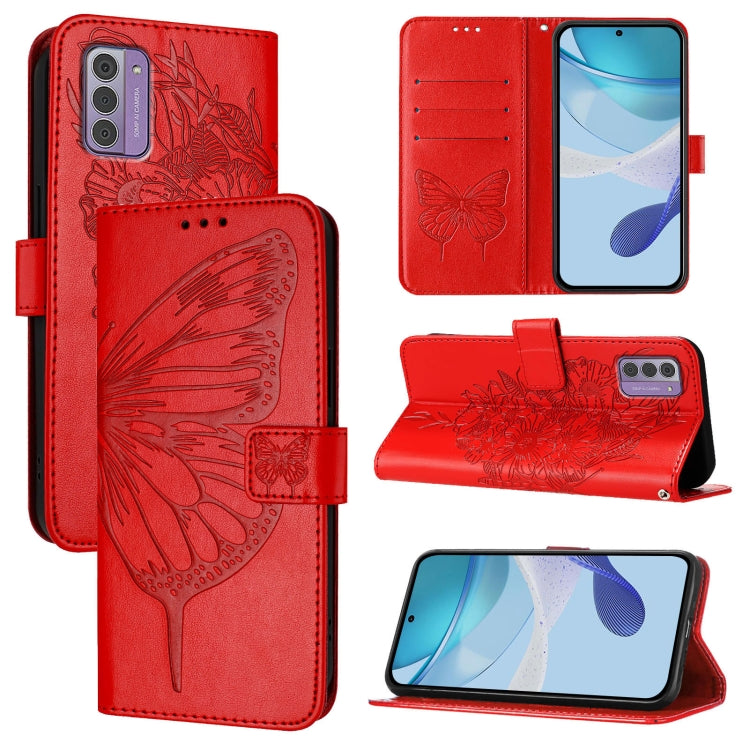 Red embossed butterfly leather phone case with butterfly embossing and flip stand cover