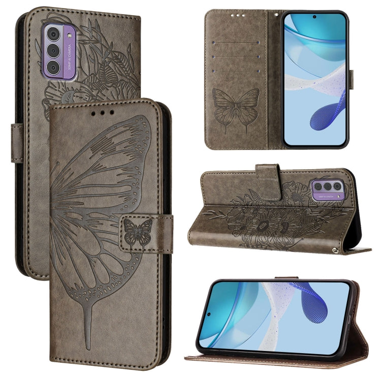 Gray embossed butterfly leather phone case with butterfly embossing and flip stand cover