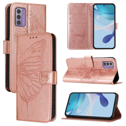 Rose pink embossed butterfly leather phone case with folio cover and stand