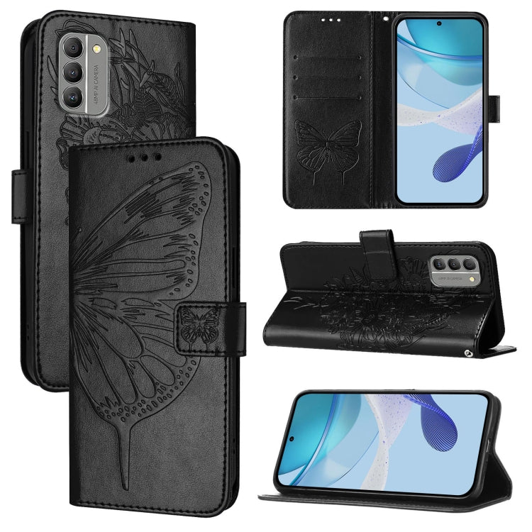 Embossed butterfly leather phone case, black folio with magnetic flip cover and stand