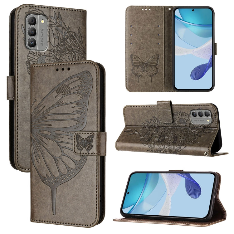 Embossed butterfly leather phone case, grey folio with magnetic flip cover and stand