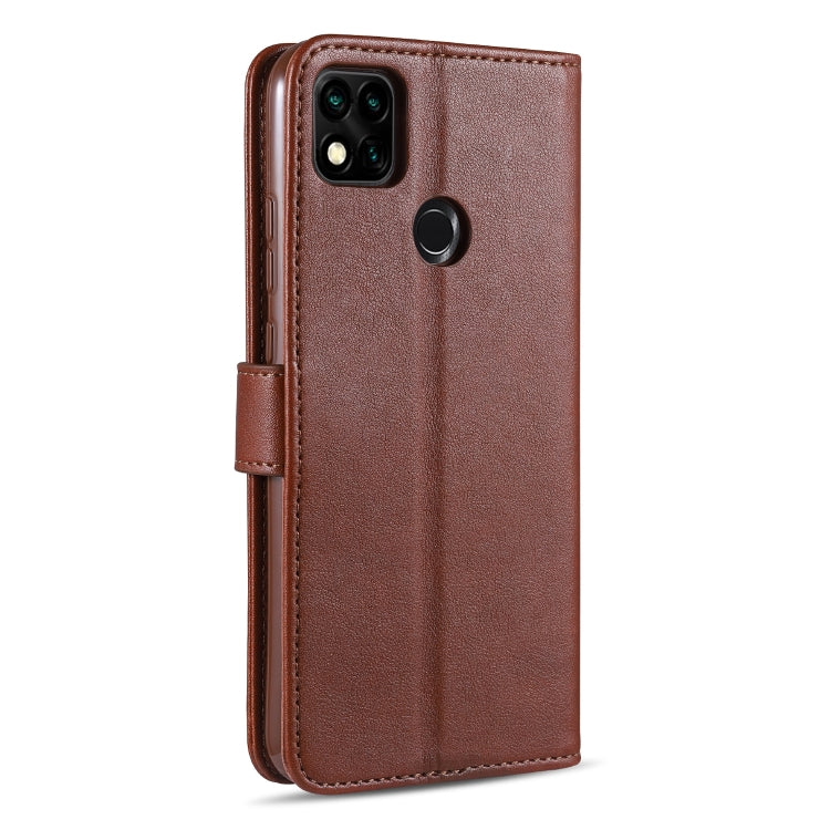 Brown flip leather phone case with camera cutout and round finger pull tab.