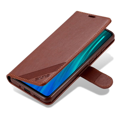 Brown flip leather phone case opened like a wallet, with front cover and strap.