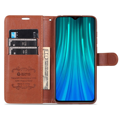 Brown flip leather wallet case with card slots and a phone display behind the cover.