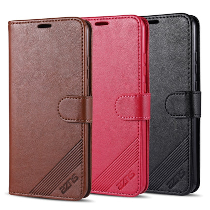 Set of leather flip phone cases in brown, red, and black with card slot panels.