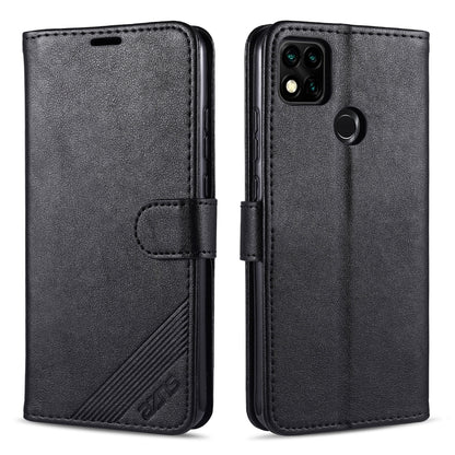 Black leather flip phone case with holder and card slots, horizontal fold design.