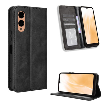 Black leather phone case with magnetic buckle, card slots, and fold-out stand view.