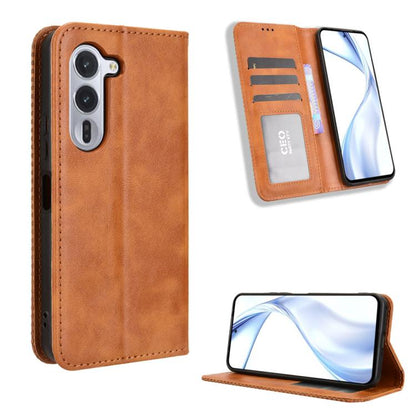 Brown leather phone case with magnetic buckle, card slots, and fold-out stand view.