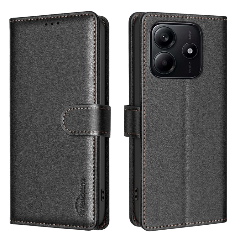 Litchi-textured leather phone case with flip strap closure and rear camera opening, black