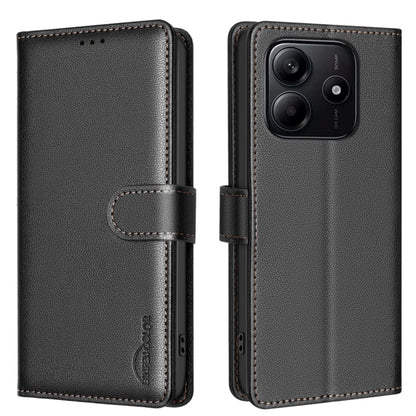 Litchi-textured leather phone case with flip strap closure and rear camera opening, black