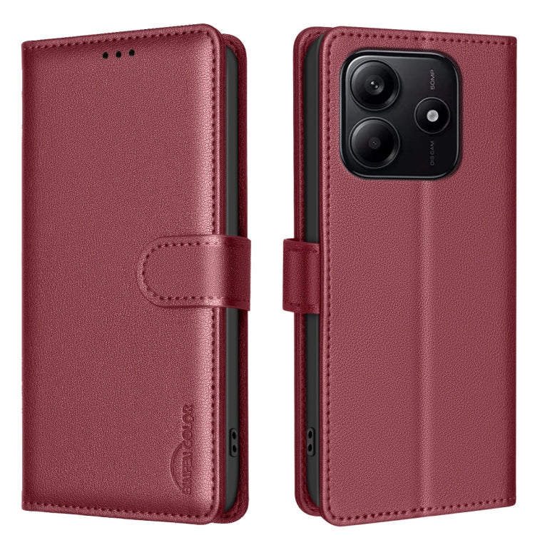 Litchi-textured leather phone case with flip strap closure and rear camera opening, red