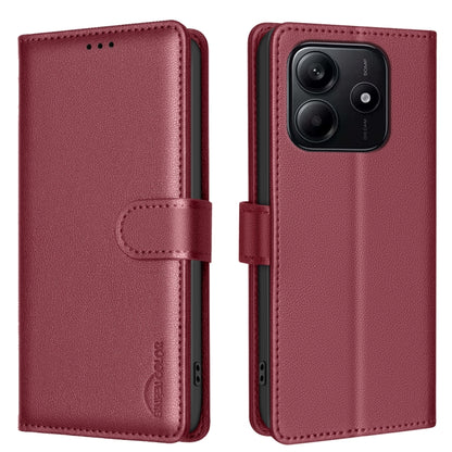 Litchi-textured leather phone case with flip strap closure and rear camera opening, red