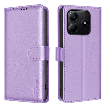 Litchi-textured leather phone case with flip strap closure and rear camera opening, purple