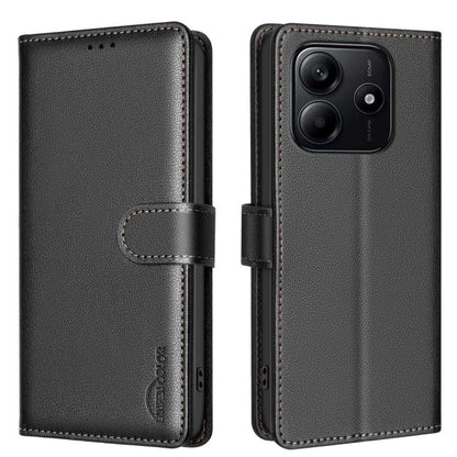 Litchi-textured folio phone case with magnetic strap and rear camera cutout, black