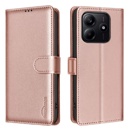 Litchi-textured folio phone case with magnetic strap and camera cutout, light gold