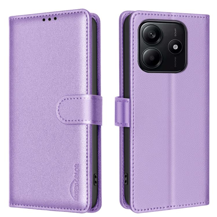 Litchi-textured folio phone case with magnetic strap and camera cutout, purple