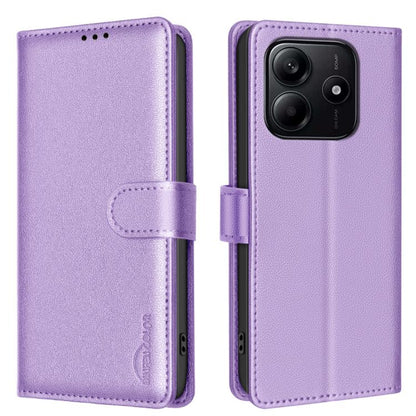 Litchi-textured folio phone case with magnetic strap and camera cutout, purple